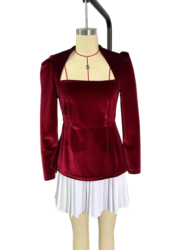 Fashionable and personalized long-sleeved color-blocked pleated hem mini skirt dress-[Adult]-[Female]-2022 Online Blue Zone Planet