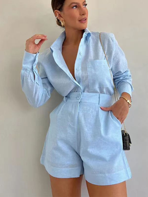 Fashion casual short trousers and long-sleeved shirt set-[Adult]-[Female]-2022 Online Blue Zone Planet