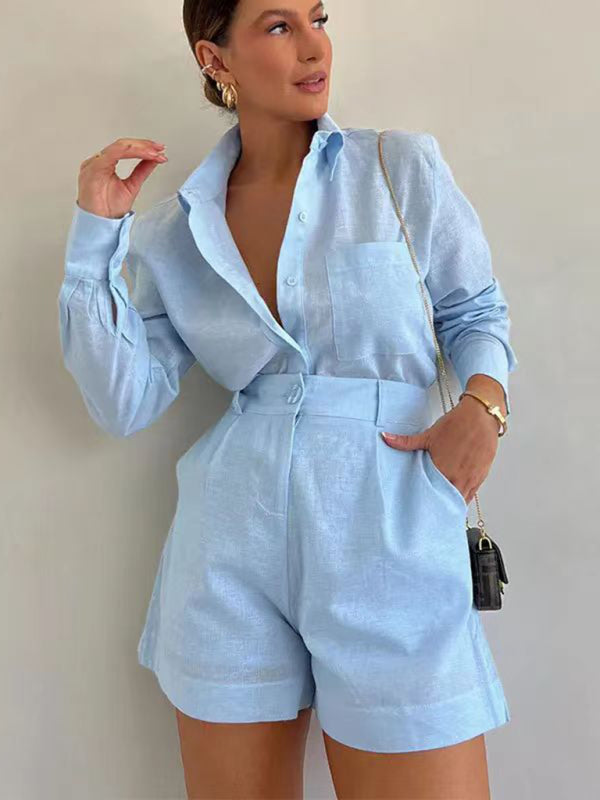 Fashion casual short trousers and long-sleeved shirt set-[Adult]-[Female]-Blue-S-2022 Online Blue Zone Planet
