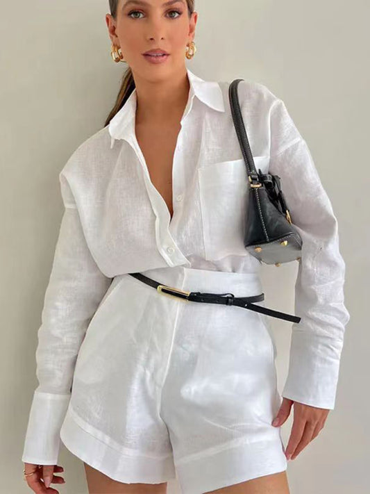 Fashion casual short trousers and long-sleeved shirt set-[Adult]-[Female]-White-S-2022 Online Blue Zone Planet