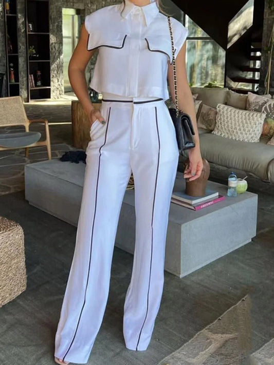New fashion casual solid color loose trousers two-piece set-[Adult]-[Female]-White-S-2022 Online Blue Zone Planet