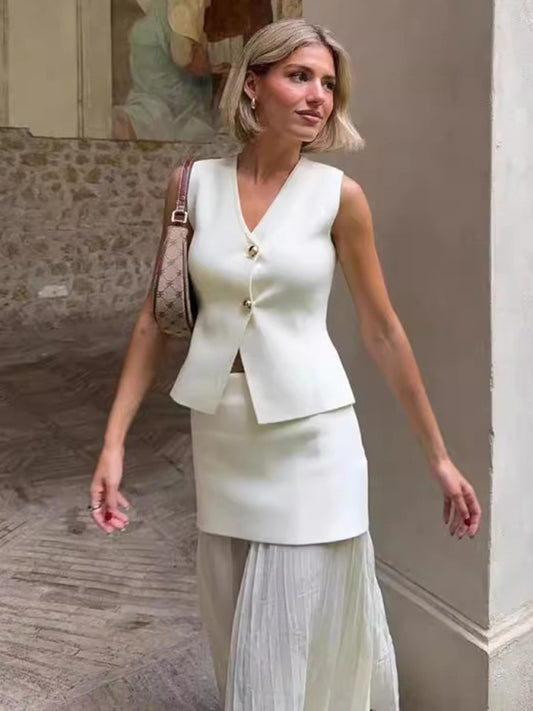 New Fashion Knitted Vest Splicing Pleated Long Skirt Set-[Adult]-[Female]-White-S-2022 Online Blue Zone Planet
