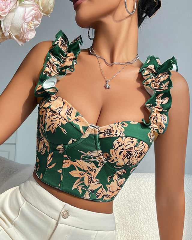 New V-neck sexy print with breast pads, fishbone slimming and beautiful back strap top-[Adult]-[Female]-2022 Online Blue Zone Planet