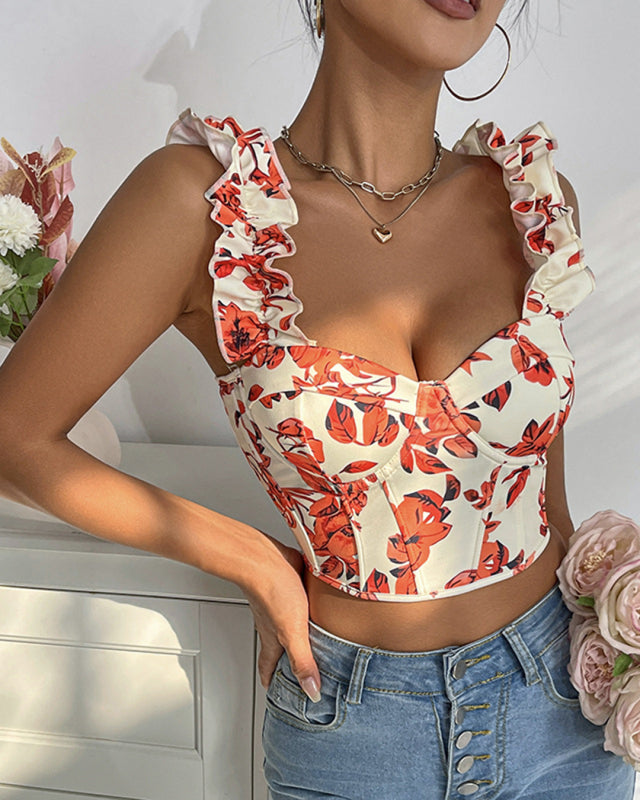 New V-neck sexy print with breast pads, fishbone slimming and beautiful back strap top-[Adult]-[Female]-2022 Online Blue Zone Planet