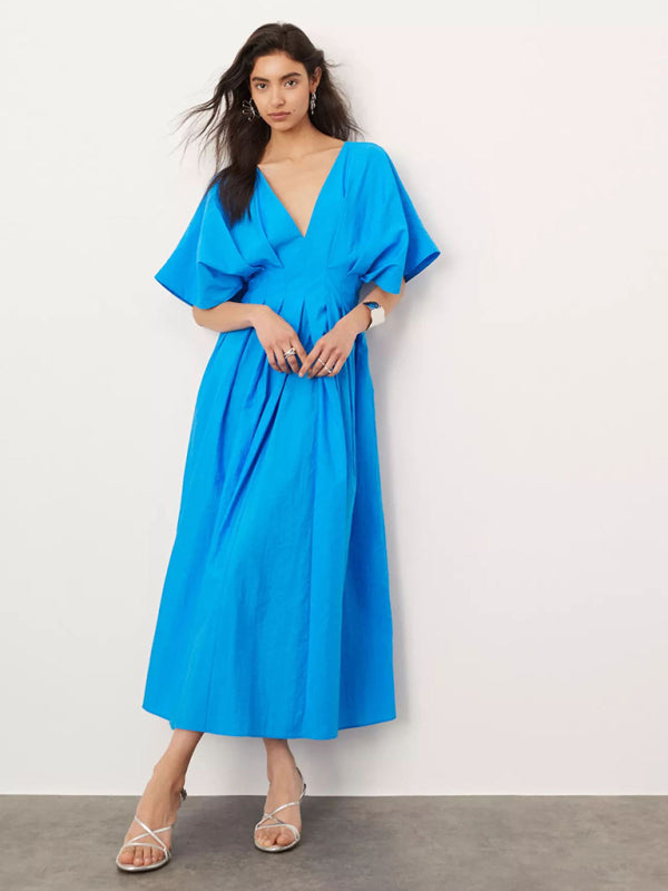 Lynn's V-neck Pleated Loose Elegant Maxi Dress-TOPS / DRESSES-[Adult]-[Female]-Blue-S-2022 Online Blue Zone Planet