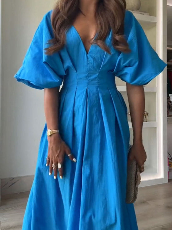 Lynn's V-neck Pleated Loose Elegant Maxi Dress-TOPS / DRESSES-[Adult]-[Female]-2022 Online Blue Zone Planet