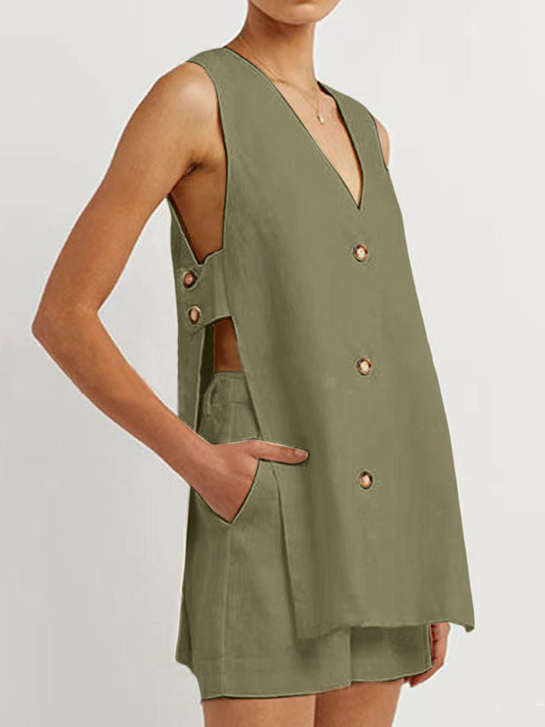 New style sleeveless shorts two-piece suit, fashionable and comfortable, can be worn as outdoor women's home clothes-[Adult]-[Female]-Olive green-S-2022 Online Blue Zone Planet