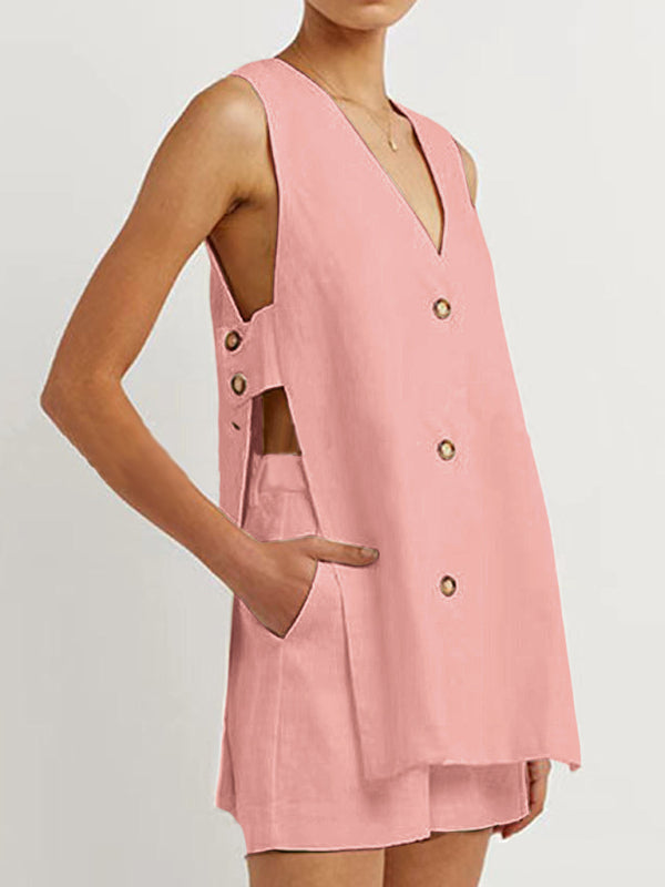 New style sleeveless shorts two-piece suit, fashionable and comfortable, can be worn as outdoor women's home clothes-[Adult]-[Female]-Pink-S-2022 Online Blue Zone Planet