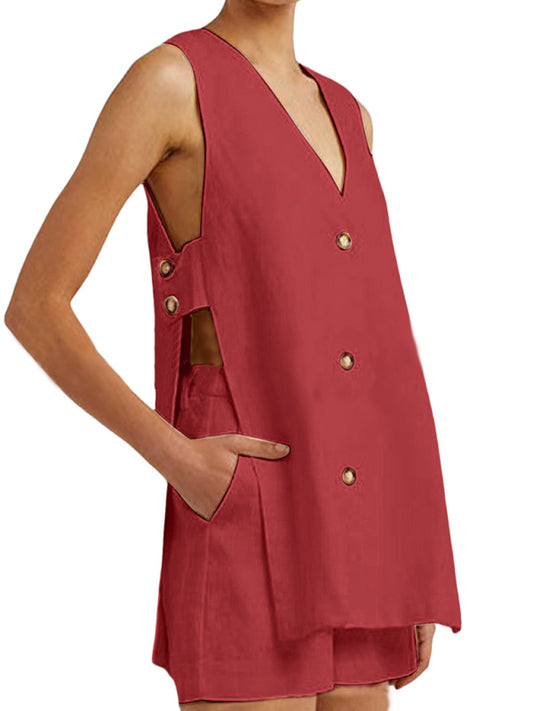 New style sleeveless shorts two-piece suit, fashionable and comfortable, can be worn as outdoor women's home clothes-[Adult]-[Female]-Wine Red-S-2022 Online Blue Zone Planet