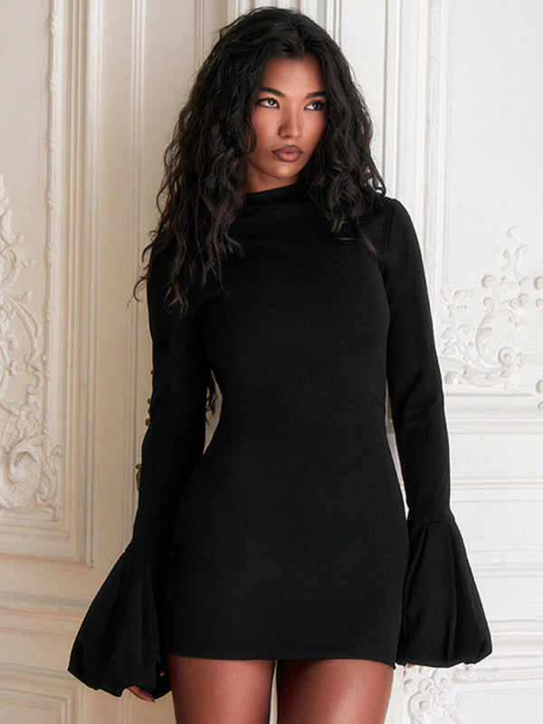 Women's round neck long sleeve puff sleeve dress-TOPS / DRESSES-[Adult]-[Female]-Black-S-2022 Online Blue Zone Planet