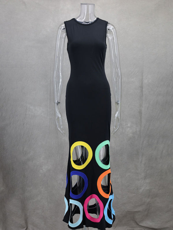 New Fashion Round Neck Sleeveless Colorblock Hollow Embroidery A-Line Long Dress-TOPS / DRESSES-[Adult]-[Female]-2022 Online Blue Zone Planet