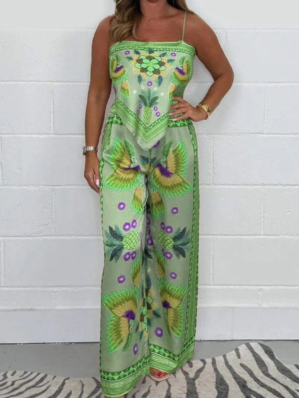 New Fashion Casual Sexy Suspender Printed Loose Women's Trousers Set-[Adult]-[Female]-Green-S-2022 Online Blue Zone Planet