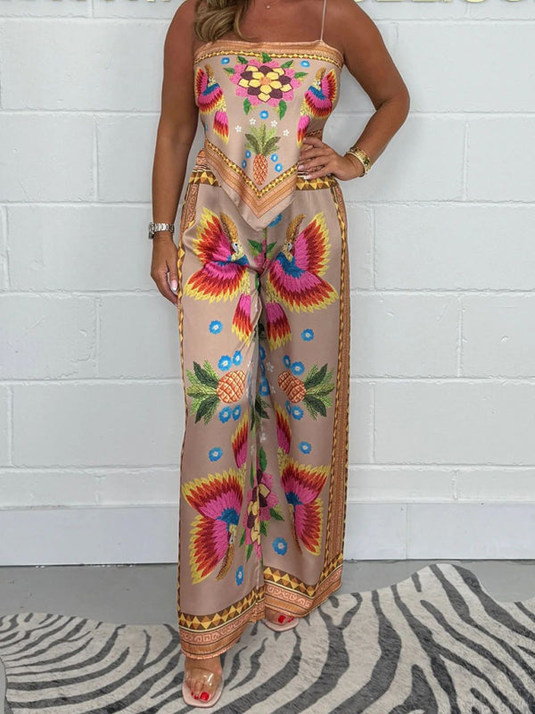 New Fashion Casual Sexy Suspender Printed Loose Women's Trousers Set-[Adult]-[Female]-Khaki-S-2022 Online Blue Zone Planet