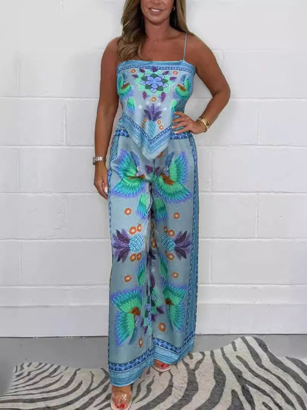 New Fashion Casual Sexy Suspender Printed Loose Women's Trousers Set-[Adult]-[Female]-Acid blue-S-2022 Online Blue Zone Planet