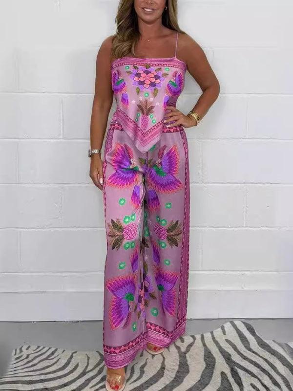 New Fashion Casual Sexy Suspender Printed Loose Women's Trousers Set-[Adult]-[Female]-Purple-S-2022 Online Blue Zone Planet