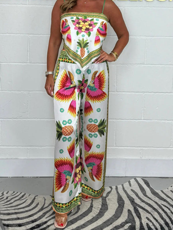 New Fashion Casual Sexy Suspender Printed Loose Women's Trousers Set-[Adult]-[Female]-White-S-2022 Online Blue Zone Planet