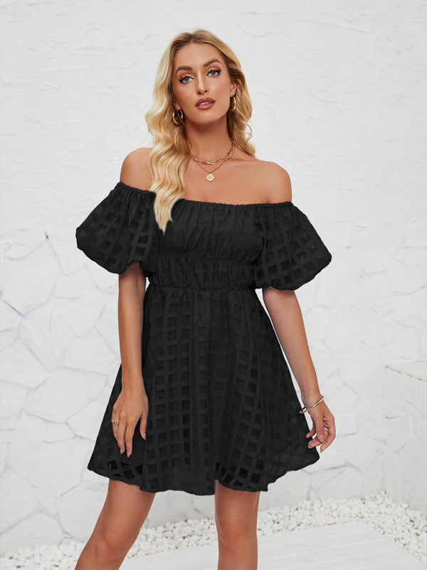 Ladies new fashion one shoulder lantern sleeve sexy backless dress-TOPS / DRESSES-[Adult]-[Female]-Black-S-2022 Online Blue Zone Planet