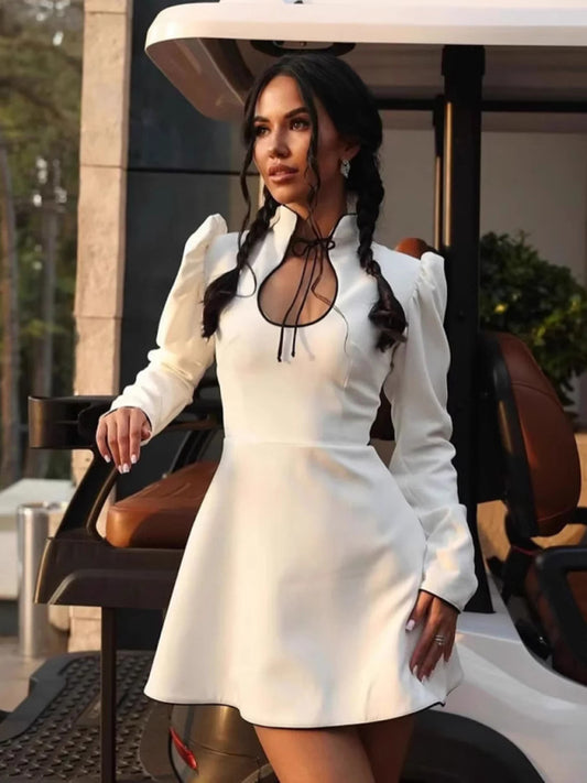 New Fashion Long Sleeve Stand Collar Tie Dress-TOPS / DRESSES-[Adult]-[Female]-White-S-2022 Online Blue Zone Planet