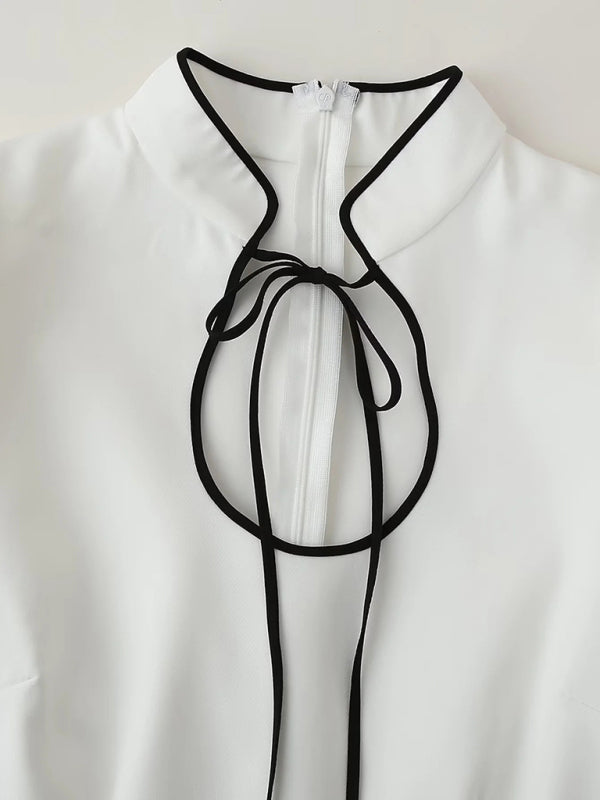 New Fashion Long Sleeve Stand Collar Tie Dress-TOPS / DRESSES-[Adult]-[Female]-2022 Online Blue Zone Planet