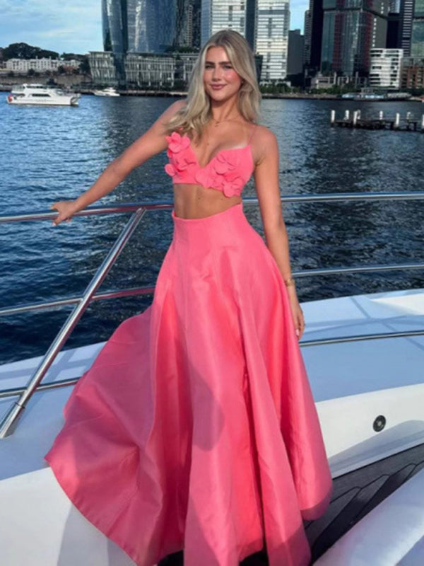 Holiday dress solid color tube top camisole top high waist swing skirt suit-TOPS / DRESSES-[Adult]-[Female]-Pink-S-2022 Online Blue Zone Planet