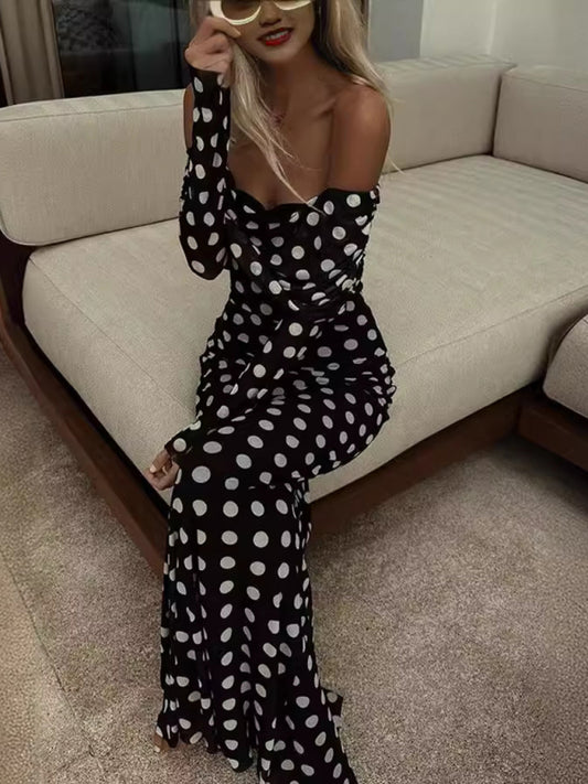 Gauze Polka Dot Splicing One Shoulder Sexy Slim Dress-TOPS / DRESSES-[Adult]-[Female]-Black-S-2022 Online Blue Zone Planet