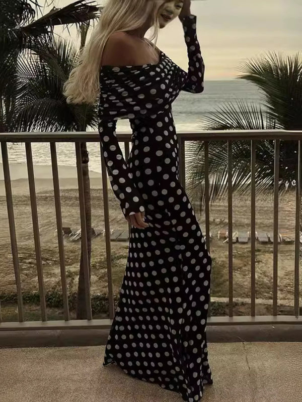 Gauze Polka Dot Splicing One Shoulder Sexy Slim Dress-TOPS / DRESSES-[Adult]-[Female]-2022 Online Blue Zone Planet