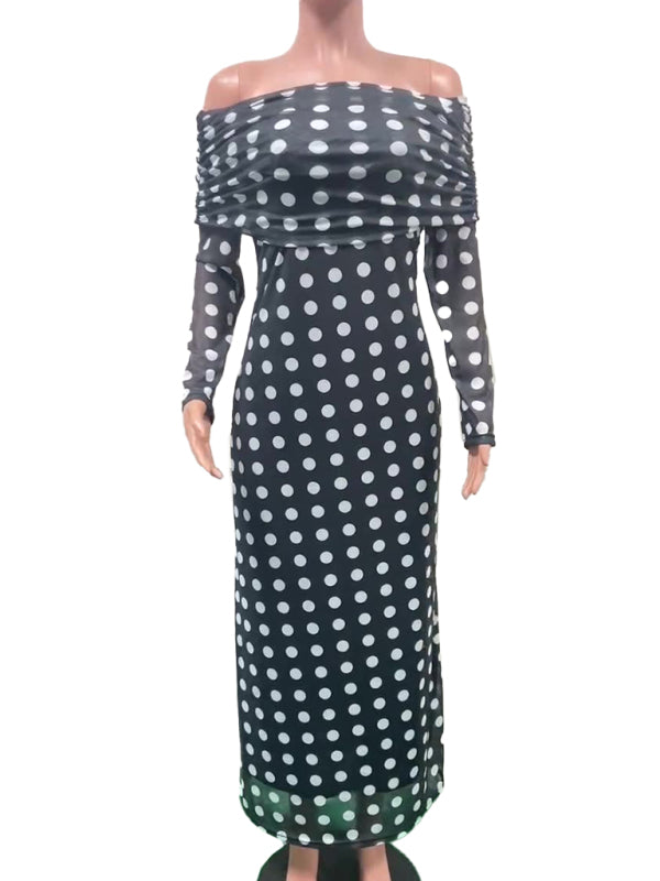 Gauze Polka Dot Splicing One Shoulder Sexy Slim Dress-TOPS / DRESSES-[Adult]-[Female]-2022 Online Blue Zone Planet