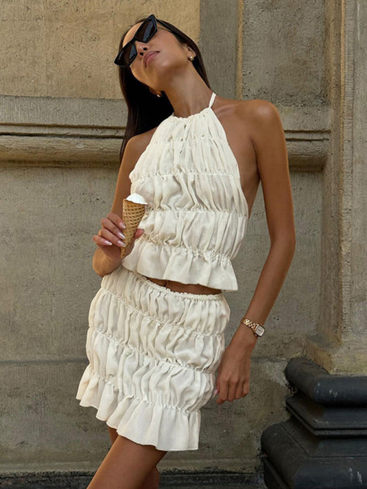 Ladies new fashion sexy sleeveless halter neck pleated backless solid color short skirt suit-[Adult]-[Female]-Cracker khaki-S-2022 Online Blue Zone Planet