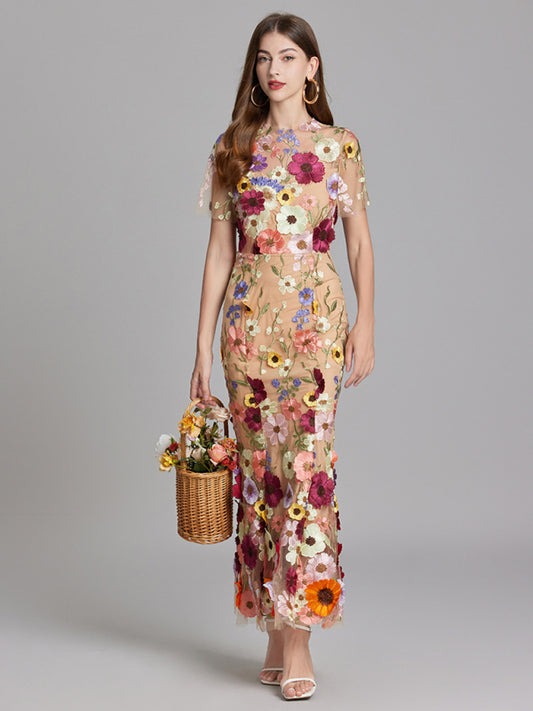 Ladies new three-dimensional flower mesh embroidery waist and hip dress-TOPS / DRESSES-[Adult]-[Female]-Cracker khaki-S-2022 Online Blue Zone Planet