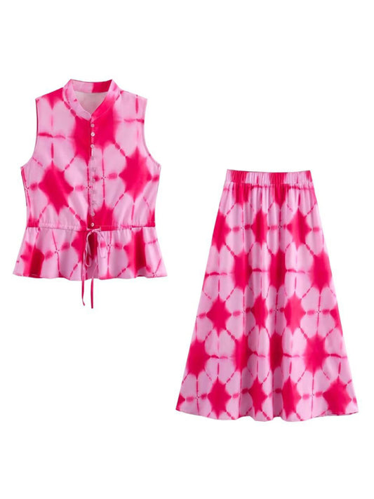 New Printed Women's Vest Top Skirt Set-[Adult]-[Female]-Pink-S-2022 Online Blue Zone Planet