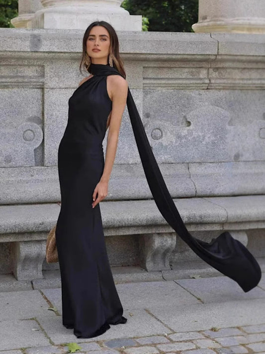 New fashion simple single shoulder floor-length dress-TOPS / DRESSES-[Adult]-[Female]-Black-S-2022 Online Blue Zone Planet