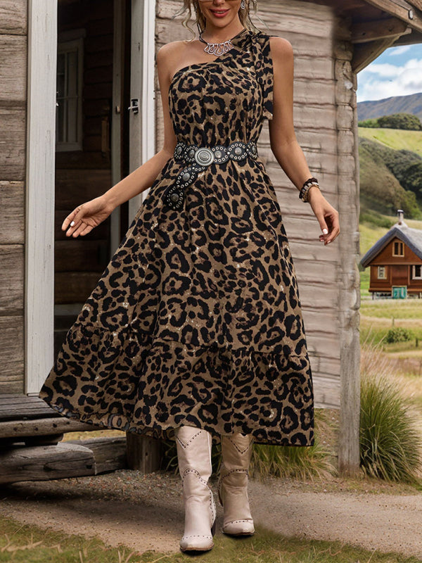 New A-line leopard print dress one-shoulder tie dress (without belt)-[Adult]-[Female]-2022 Online Blue Zone Planet