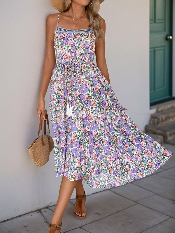 New style suspender skirt pleated printed ruffle dress-[Adult]-[Female]-2022 Online Blue Zone Planet