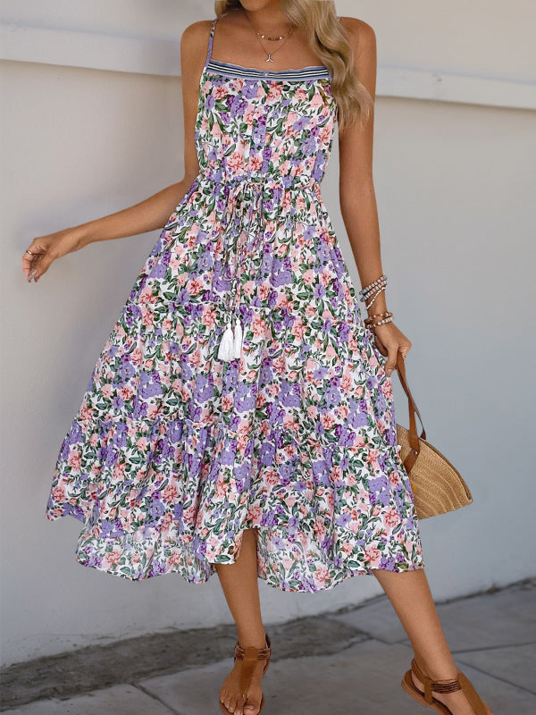 New style suspender skirt pleated printed ruffle dress-[Adult]-[Female]-Blue-S-2022 Online Blue Zone Planet