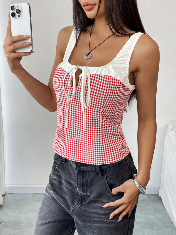 Contrast color plaid lace-up hollow sweet hot girl slim vest camisole-[Adult]-[Female]-2022 Online Blue Zone Planet