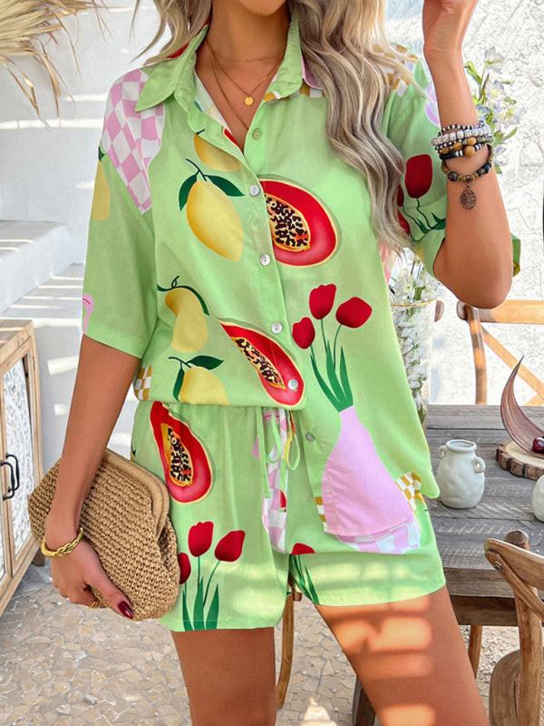 Pompeii print casual holiday style floral contrast color cardigan short pants set-[Adult]-[Female]-2022 Online Blue Zone Planet