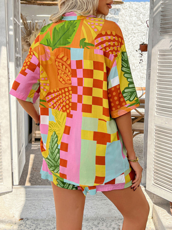 Pompeii print casual holiday style floral contrast color cardigan short pants set-[Adult]-[Female]-2022 Online Blue Zone Planet
