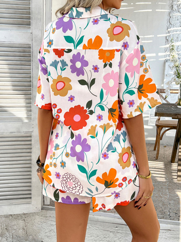 Pompeii print casual holiday style floral contrast color cardigan short pants set-[Adult]-[Female]-2022 Online Blue Zone Planet