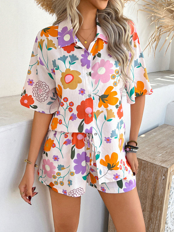 Pompeii print casual holiday style floral contrast color cardigan short pants set-[Adult]-[Female]-2022 Online Blue Zone Planet