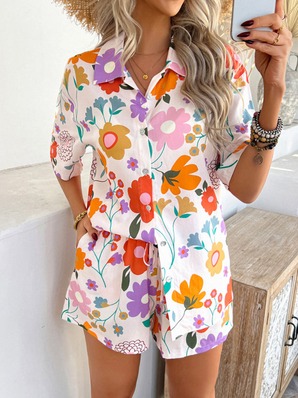Pompeii print casual holiday style floral contrast color cardigan short pants set-[Adult]-[Female]-2022 Online Blue Zone Planet