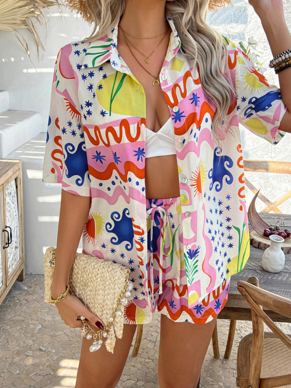 Pompeii print casual holiday style floral contrast color cardigan short pants set-[Adult]-[Female]-2022 Online Blue Zone Planet