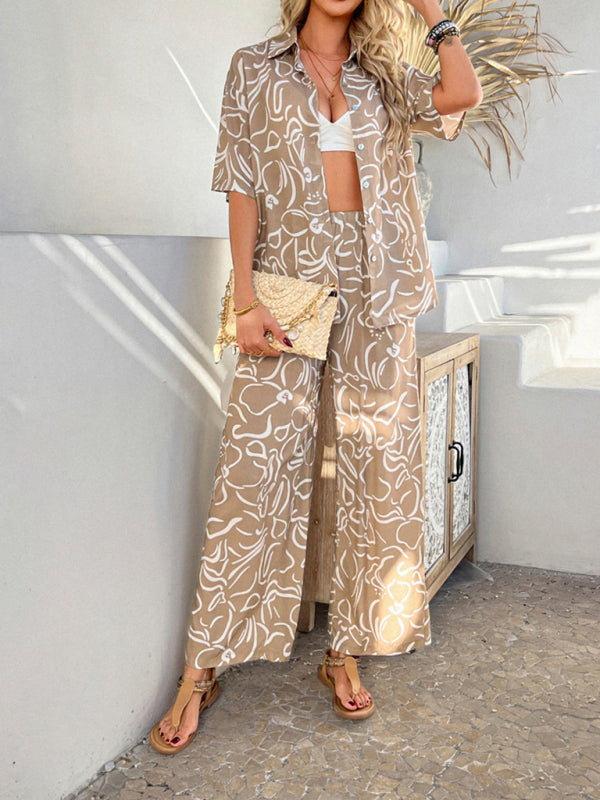 Bohemian Vacation Sun Print Jacket Wide Pants Set-[Adult]-[Female]-2022 Online Blue Zone Planet