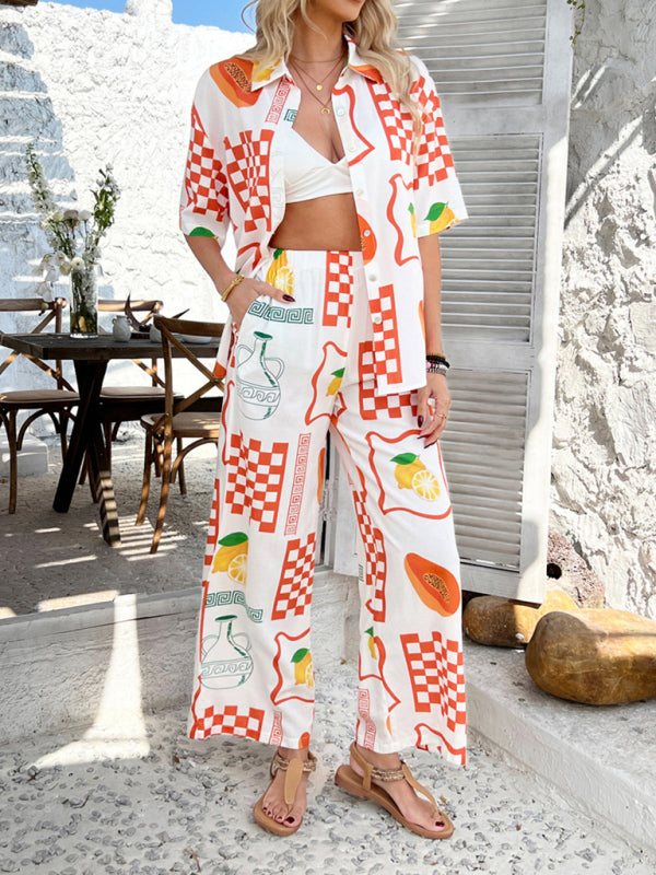 Bohemian Vacation Sun Print Jacket Wide Pants Set-[Adult]-[Female]-Orange-S-2022 Online Blue Zone Planet