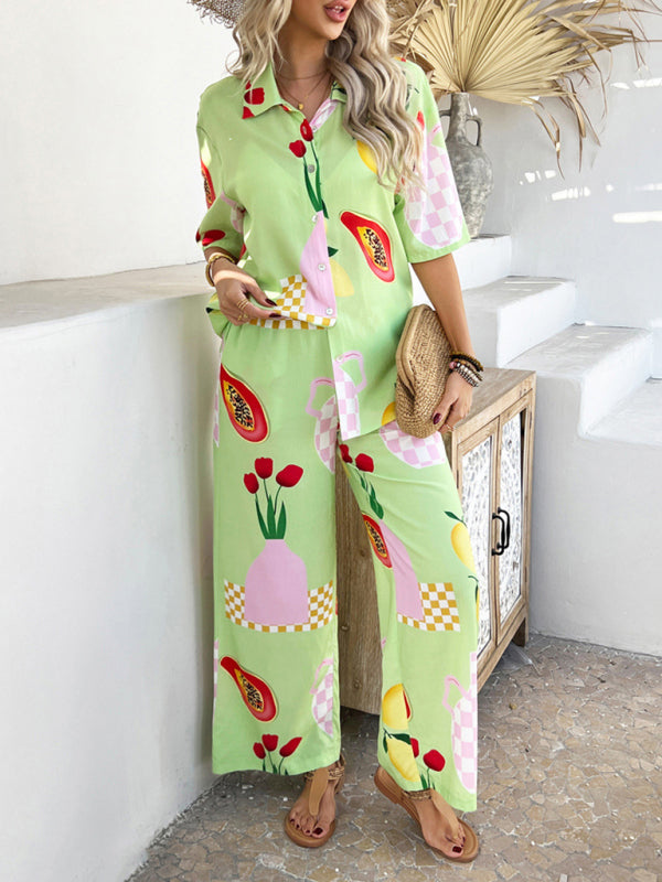 Bohemian Vacation Sun Print Jacket Wide Pants Set-[Adult]-[Female]-2022 Online Blue Zone Planet