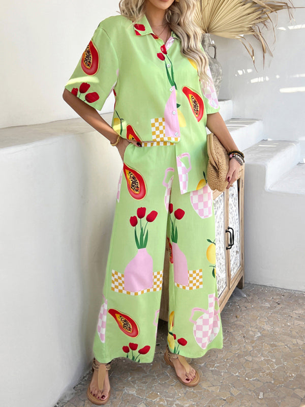 Bohemian Vacation Sun Print Jacket Wide Pants Set-[Adult]-[Female]-Pale green-S-2022 Online Blue Zone Planet