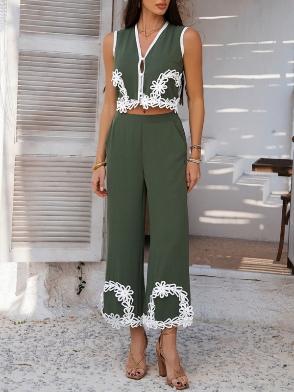 Holiday-inspired Bohemian geometric contrast trouser suit-[Adult]-[Female]-2022 Online Blue Zone Planet
