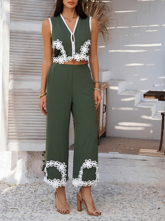Holiday-inspired Bohemian geometric contrast trouser suit-[Adult]-[Female]-Olive green-S-2022 Online Blue Zone Planet