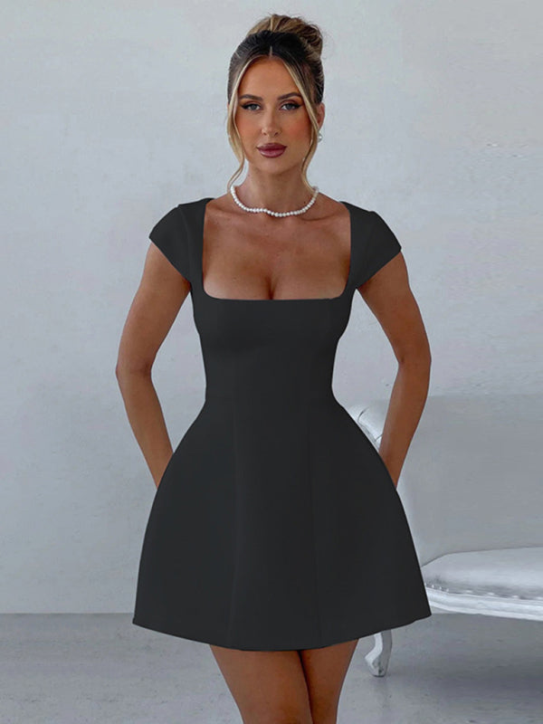 Short Sleeve Square Neck Vest A-Line Dress-[Adult]-[Female]-Black-XS-2022 Online Blue Zone Planet