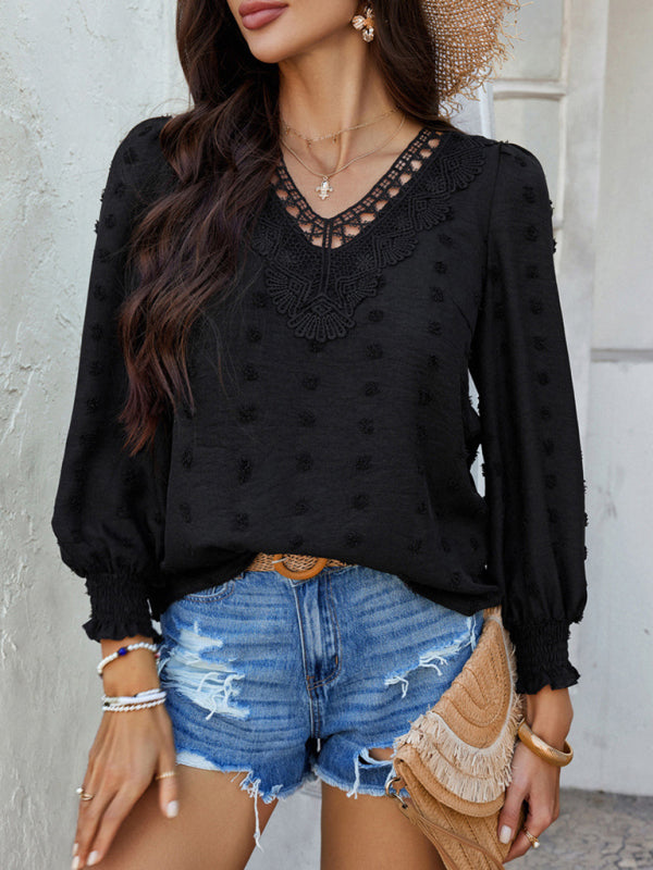 Casual holiday style solid color jacquard olive long sleeve shirt-[Adult]-[Female]-Black-S-2022 Online Blue Zone Planet