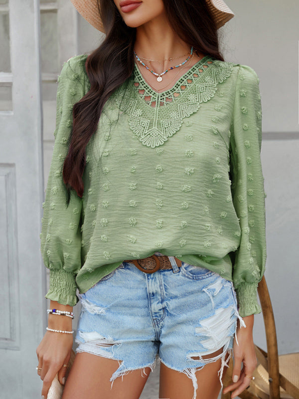 Casual holiday style solid color jacquard olive long sleeve shirt-[Adult]-[Female]-2022 Online Blue Zone Planet